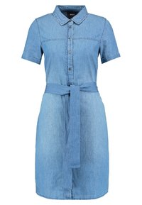 Kurzärmliges Denim-Kleid in Hellblau mit Knopfleiste, Kragen und einem passenden Bindegürtel in der Taille.