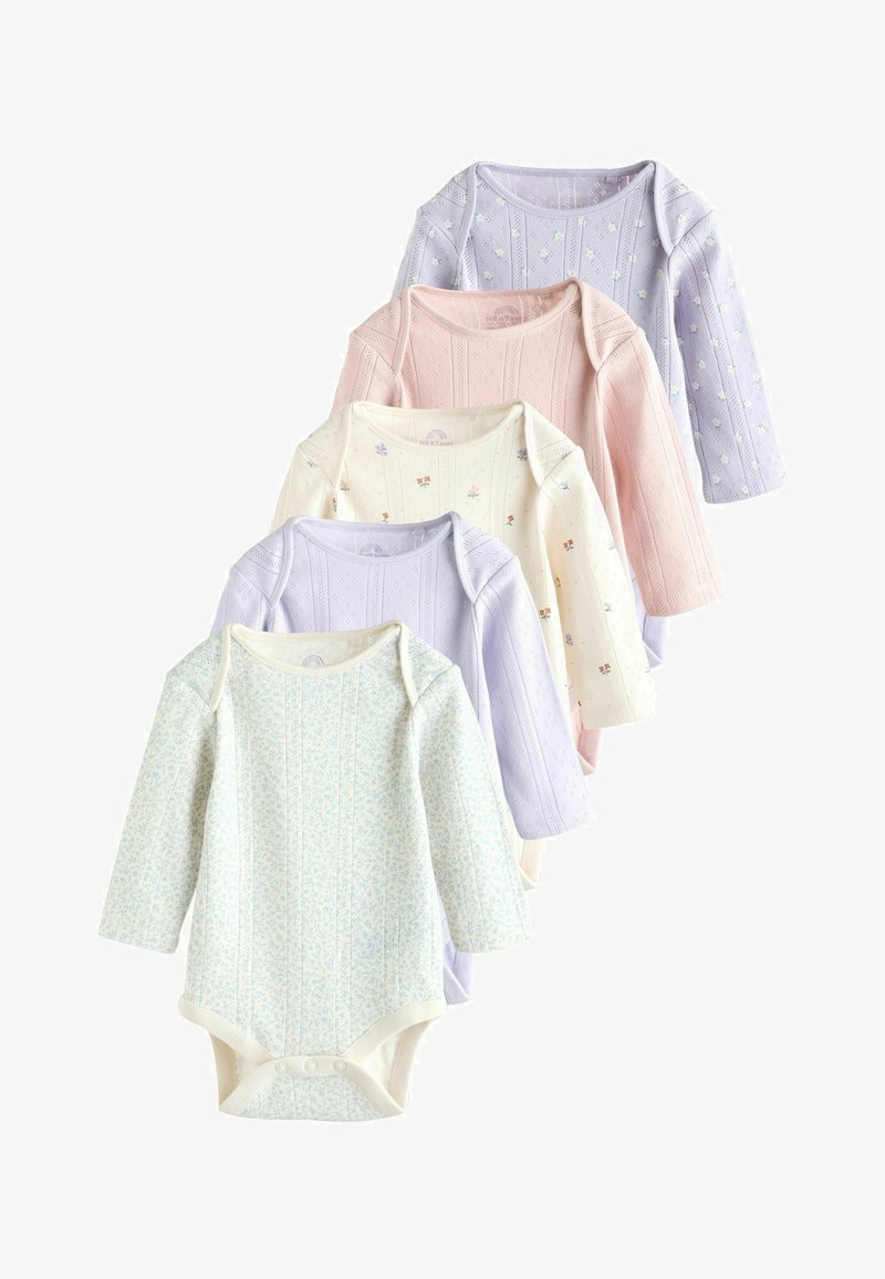 Fem langærmede babybodystockings i pastelfarver med subtile blomster- og teksturmønstre, arrangeret overlappende i lodret retning.