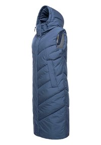 Tampeno modri brezrokavnik iz puffer materiala s kapuco, ki vsebuje zadrgo in pravokotno prešito strukturo. Ima stranske žepe in gladko teksturo.