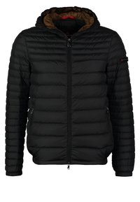 Veste à capuche matelassée noire avec fermeture éclair frontale et poches latérales zippées, dotée d'une doublure intérieure brune et d'un patch logo sur la manche.