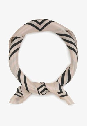 Zijde sjaal in lichtbeige met zwarte chevronstrepen. Heeft een soepele textuur, een gedraaide vorm en knoopuiteinden voor een veilige styling.