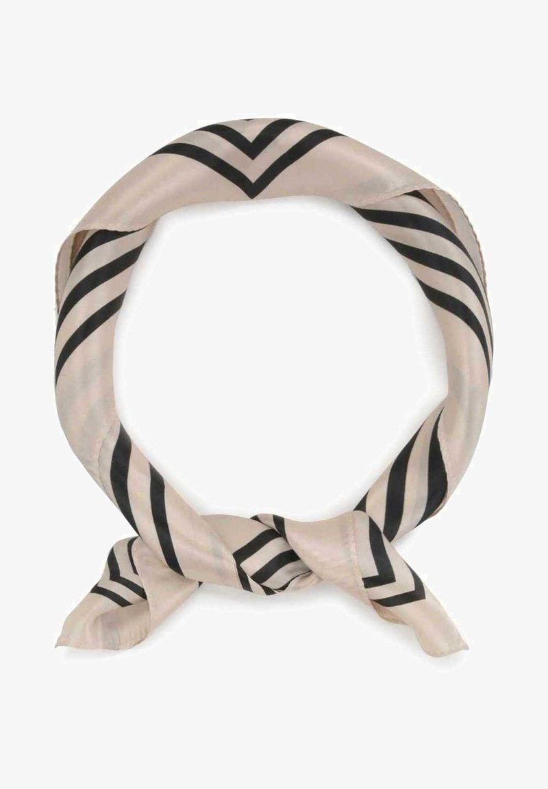 Kreemjas beežis siid sall mustade zig-zag triipudega. Omab siledat tekstuuri, keerutatud disaini ja sõlmitud otste loomulikuks kinnitamiseks.