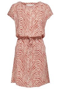 Vestido de manga corta en un tono crema claro con un patrón de rayas de cebra en coral, que cuenta con una cintura ajustable y un corte relajado. Tela suave y texturada.