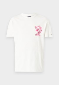 White cotton t-shirt featuring a pink graphic design of a hot dog on the left chest. Crew neck with short sleeves.