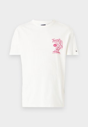White cotton t-shirt featuring a pink graphic design of a hot dog on the left chest. Crew neck with short sleeves.