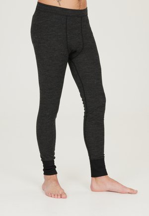 Svarta termoleggings tillverkade av ett texturerat tyg, med en slim fit, kontrasterande svarta muddar och sömmar längs benen.