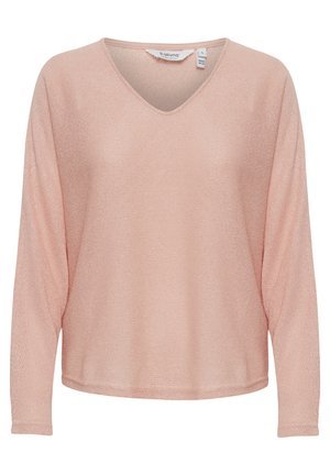 Jasnoróżowy sweter z dekoltem w serek i długimi rękawami, wykonany z fakturowanego dzianinowego materiału, z luźnym krojem i lekko zaokrąglonym dołem.