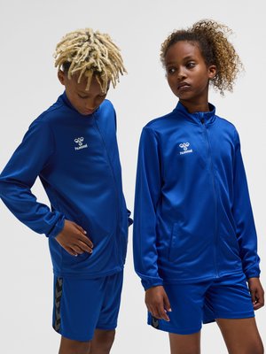 Deux enfants portant des vestes de sport bleues assorties et des shorts, debout sur un fond clair uni.