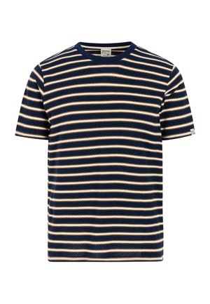 Marineblaue T-Shirt mit horizontalen cremefarbenen Streifen, ausgestattet mit rundem Ausschnitt und kurzen Ärmeln. Hergestellt aus strukturiertem Stoff.