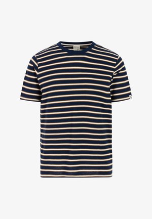 Marineblaue T-Shirt mit horizontalen cremefarbenen Streifen, ausgestattet mit rundem Ausschnitt und kurzen Ärmeln. Hergestellt aus strukturiertem Stoff.