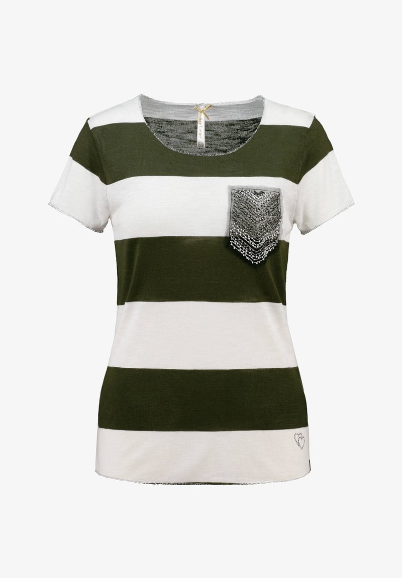 Vihreä ja valkoinen raidoitettu lyhythihainen t-paita, jossa on teksturoidusta hopeasta tehty tasku ja koristeellinen sydäntulos helmassa. Kevyt materiaali.