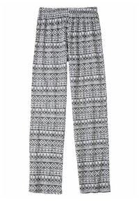 Svartvita mönstrade pyjamasbyxor med geometriska mönster, avslappnad passform och elastisk midja för komfort.