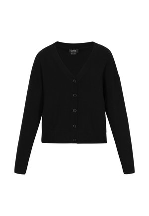 Čierny kardigán s výstrihom do V, dlhými rukávmi a predným zapínaním na gombíky. Vyrobený z hladkej pleteniny s rebrovanými manžetami a lemom.