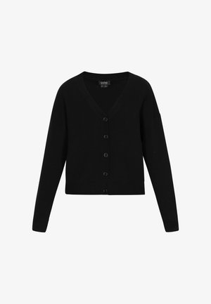 Čierny kardigán s výstrihom do V, dlhými rukávmi a predným zapínaním na gombíky. Vyrobený z hladkej pleteniny s rebrovanými manžetami a lemom.