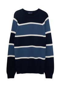 Mörkblå rundhalsad tröja med breda horisontella ränder i ljusblått och vitt. Tillverkad av stickad tyg, med ribbade mudd och nederkant.