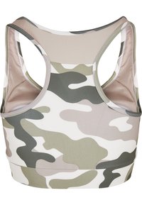 Camo športová podprsenka v tlmených zelených, šedých a béžových farbách s dizajnom racerback a mäkkou, elastickou tkaninou pre pohodlie a podporu.