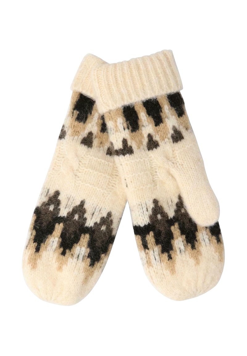 Beige uldvanter med et fair isle mønster i mørkebrun og tan. Ribbet manchet og afrundede spidser. Blød, tekstureret overflade.