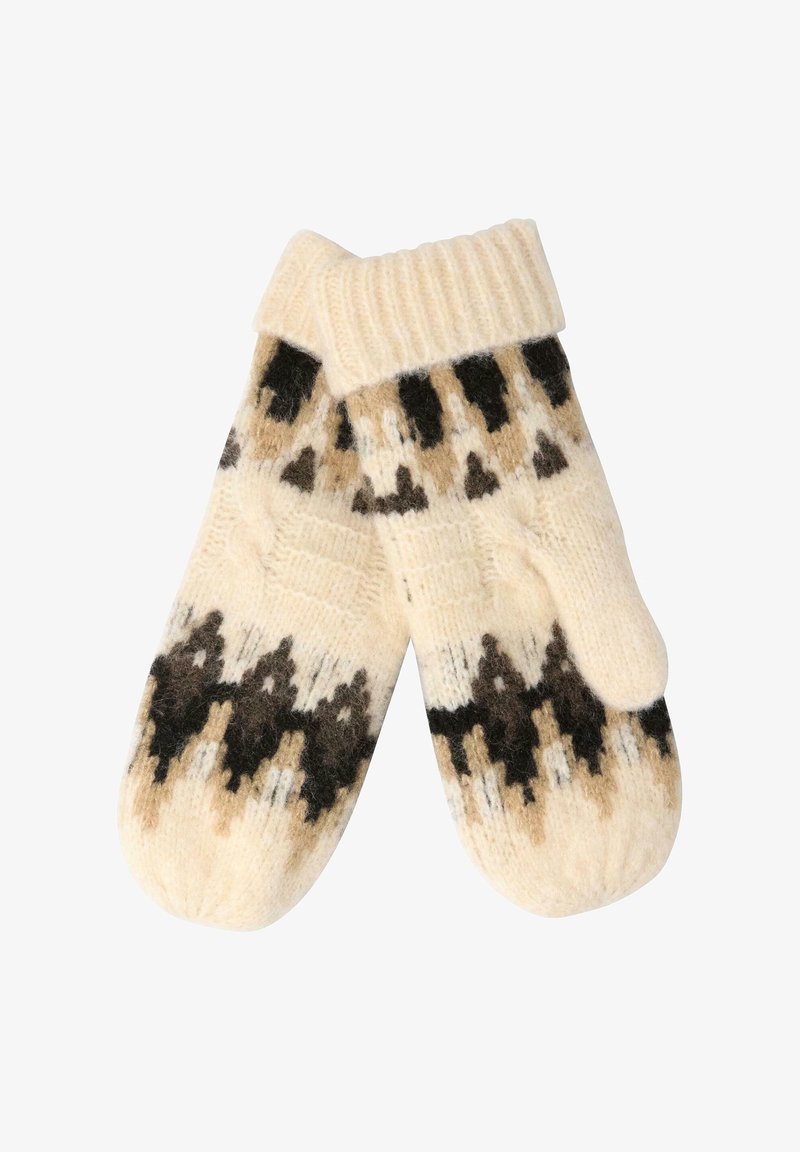 Beige uldvanter med et fair isle mønster i mørkebrun og tan. Ribbet manchet og afrundede spidser. Blød, tekstureret overflade.