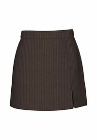 Falda a rayas marrón con una cintura entallada y una abertura en la parte delantera. La tela texturizada realza el interés visual. Longitud corta.