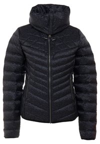 Svart puffjacka med kviltad design, dragkedja fram och huva. Har sidofickor med diskret mönstring och strukturerad finish.