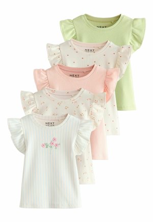Fünf kurzärmelige Tops für Kleinkind-Mädchen mit Rüschenärmeln in Pastellgrün, Weiß mit rosa Punkten, einfarbig Rosa, Weiß mit Blumendrucken und blau gestreift mit Blumenstickerei.