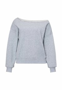 Sweatshirt gris à épaules dénudées avec manches longues, poignets et ourlet côtelés, fabriqué en tissu doux et texturé. Design simple et décontracté.