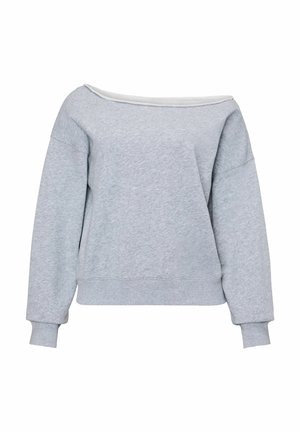 Grauer, schulterfreier Pullover mit langen Ärmeln, gerippten Bündchen und Saum, aus weichem, strukturiertem Stoff. Einfaches, lässiges Design.