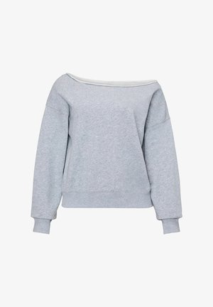 Grauer, schulterfreier Pullover mit langen Ärmeln, gerippten Bündchen und Saum, aus weichem, strukturiertem Stoff. Einfaches, lässiges Design.