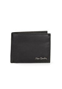Portafoglio in pelle nera con più slot per carte, texture liscia e dettagli di cucitura discreti. Logo impresso sul frontale per il branding.