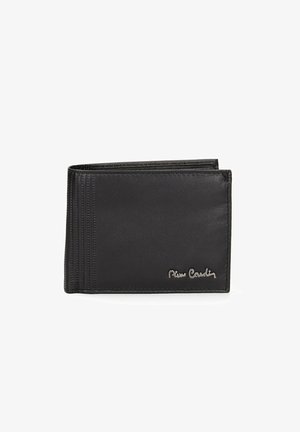 Zwart leren portemonnee met meerdere kaartsleuven, een gladde textuur en subtiele stiksels. Logo in reliëf aan de voorkant voor branding.