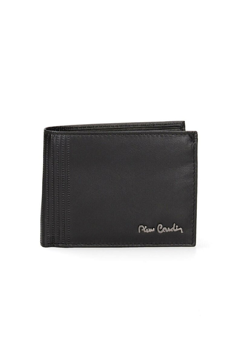 Portafoglio in pelle nera con più slot per carte, texture liscia e dettagli di cucitura discreti. Logo impresso sul frontale per il branding.