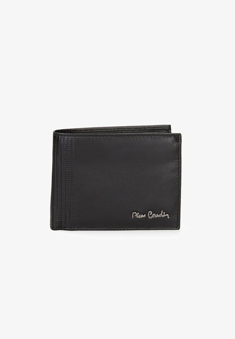 Zwart leren portemonnee met meerdere kaartsleuven, een gladde textuur en subtiele stiksels. Logo in reliëf aan de voorkant voor branding.