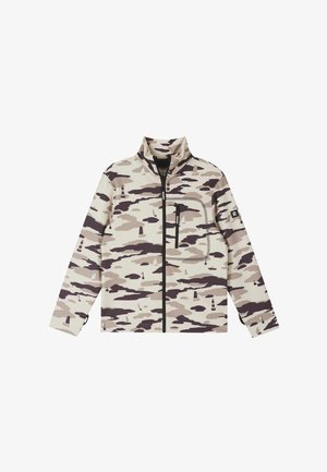 Beige-braun getarnte Jacke mit durchgehendem Frontreißverschluss, Reißverschlusstasche an der Brust und hohem Kragen.