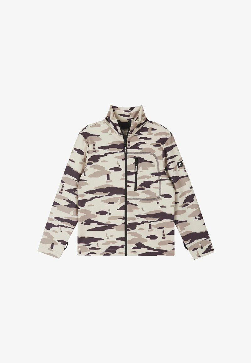 Beżowa i brązowa kurtka z wzorem kamuflażu, z pełnym zamkiem błyskawicznym z przodu, zapinana kieszeń na piersi oraz wysokim kołnierzem.