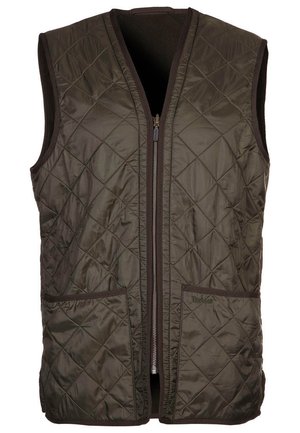 Gepolsterte Weste in Dunkelgrün, mit einem Reißverschluss, zwei Vordertaschen und einem kontrastierenden braunen Besatz. Aus weichem, leichtem Material.