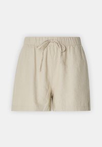 Beige lněné šortky s elastickým pasem, detailem šňůrky a uvolněným střihem. Hladká textura a neformální design.