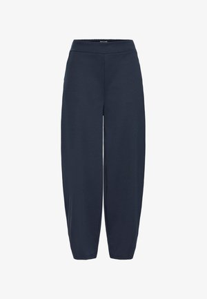 Tumesinised, kergekaalulised jogger-püksid kummiga vöökohaga, kitsenevate säärega ja sileda tekstuuriga. Taskuid pole; lihtne ja kaunistusteta disain.