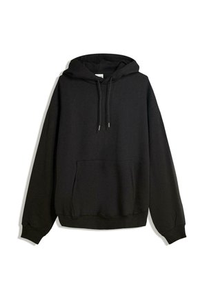 Svart hoodie i bomullsblandning, med dragsko kapuschong, framficka i kängurustil och ribbade mudd och nederdel. Mjuk textura med avslappnad passform.