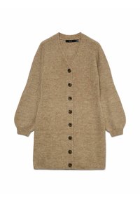 Beige gestrickte Strickjacke, V-Ausschnitt, lange Ärmel, mit übergroßen Manschetten und sieben dunklen Knöpfen entlang der Vorderseite. Weiche Textur mit gerippten Mustern.