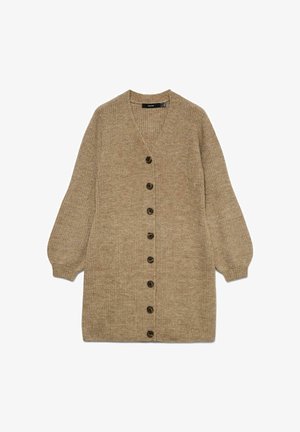 Bežani pleteni kardigan, V-izrez, dugi rukavi, s prevelikim manžetama i sedam tamnih dugmadi duž prednje strane. Mekani materijal s rebrastim uzorcima.