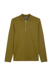 Langärmliges Poloshirt aus olivgrüner Baumwolle mit einem Reißverschlusskragen und einem dezenten Etikettendetail am Saum. Weiche Textur, entspannte Passform.