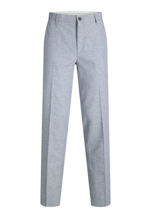 Világoskék vászonnadrág lapos elejű, egyenes szárú, és egy gombos záródással. Finom halszálkamintával és oldalzsebekkel rendelkezik.