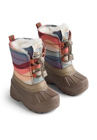 Bottes d'hiver colorées avec une doublure en peluche, présentant une tige en textile à motifs dans des tons pastel, et une semelle en caoutchouc durable avec des rainures.