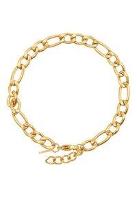 Bracciale in metallo dorato con grandi anelli ovali, chiusura a moschettone e catena regolabile per personalizzare la misura. Finitura liscia e lucida.