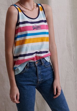 Osoba ubrana w bezrękawnik w wielokolorowe paski z logo "SuperDry" oraz niebieskie dżinsy z wysokim stanem na neutralnym tle.