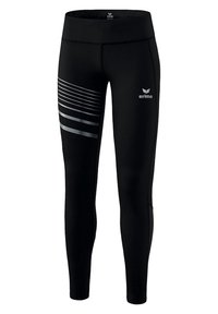 Leggings deportivos negros con una cintura alta, que presentan un patrón de rayas diagonales grises en el lado izquierdo y un logo en el muslo superior.