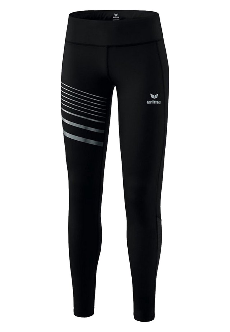 Leggings deportivos negros con una cintura alta, que presentan un patrón de rayas diagonales grises en el lado izquierdo y un logo en el muslo superior.