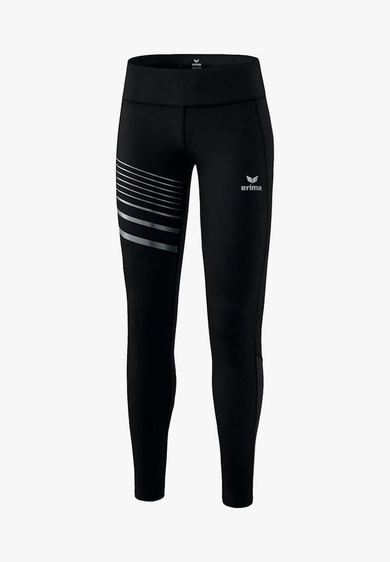 Leggings deportivos negros con una cintura alta, que presentan un patrón de rayas diagonales grises en el lado izquierdo y un logo en el muslo superior.