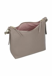 Borsa a tracolla in pelle grigia con una texture morbida, dotata di chiusura con zip, due cerniere laterali e foderatura interna di un leggero colore rosa.