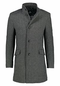 Abrigo de lana de espiga gris oscuro para hombre con cuello alto, cuatro botones frontales y dos bolsillos con solapa.